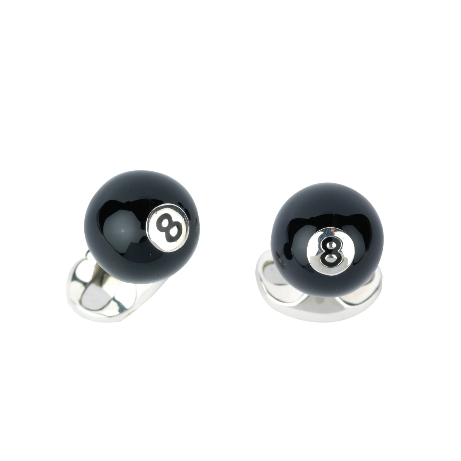 Luxury sterling silver cufflinks showcasing the iconic black 8-ball, ideal for fans of cue sports and classic style.