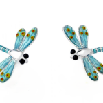 “Front-facing view of sterling silver blue dragonfly cufflinks, arranged side by side to display their vibrant enamel wings and detailed design.”