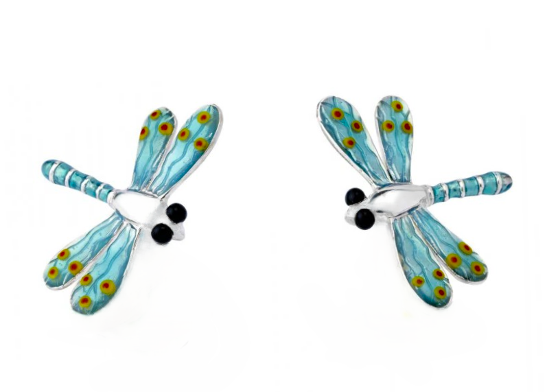 “Front-facing view of sterling silver blue dragonfly cufflinks, arranged side by side to display their vibrant enamel wings and detailed design.”