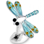 Close-up view “Detailed close-up of sterling silver blue dragonfly cufflinks, highlighting the enamelled wings, dark eyes, and intricate metalwork.