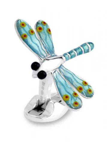 Close-up view “Detailed close-up of sterling silver blue dragonfly cufflinks, highlighting the enamelled wings, dark eyes, and intricate metalwork.