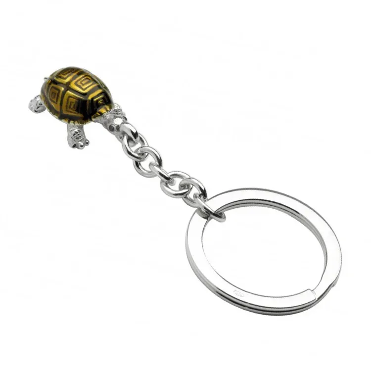 Hallmarked sterling silver tortoise keychain with brown enamel and real blue sapphire eyes KF00060.