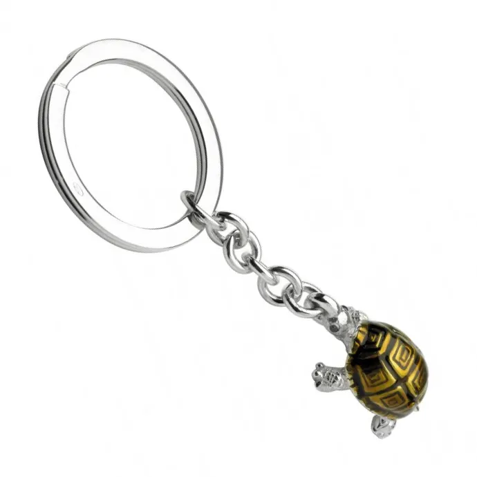 Hallmarked sterling silver tortoise keychain with brown enamel and real blue sapphire eyes KF00060.