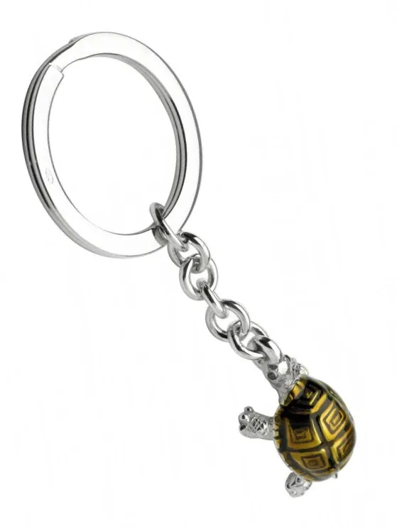Hallmarked sterling silver tortoise keyring fob with brown enamel and real blue sapphire eyes KF00060.