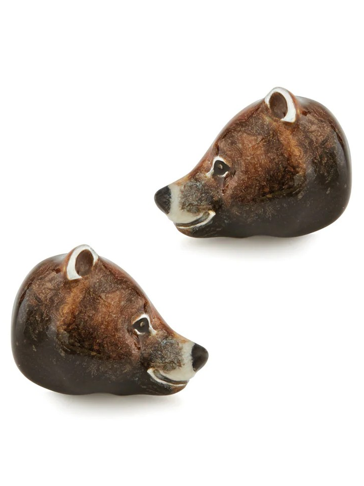 Elegant sterling silver cufflinks shaped like bear heads, featuring lifelike enamel texture and UK hallmark stamp.