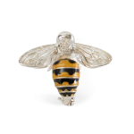 Yellow and black enamel honey bee brooch in sterling silver with polished wings, designed by Saturno.