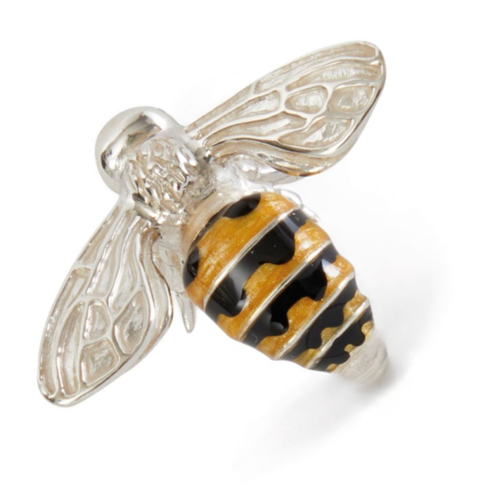 Artisan-crafted sterling silver honey bee brooch featuring yellow and black enamel on the body, smooth silver wings, and a presentation box with blue silk lining.