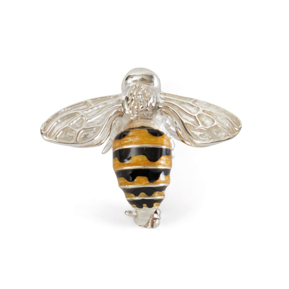 Yellow and black enamel honey bee brooch in sterling silver with polished wings, designed by Saturno.