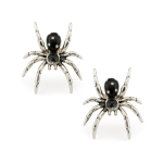 Sterling silver spider cufflinks with black enamel bodies and white spot detailing, displayed on a white background.