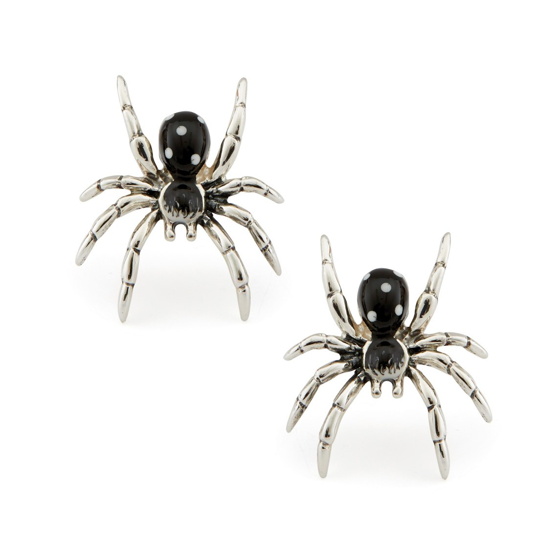 Sterling silver spider cufflinks with black enamel bodies and white spot detailing, displayed on a white background.