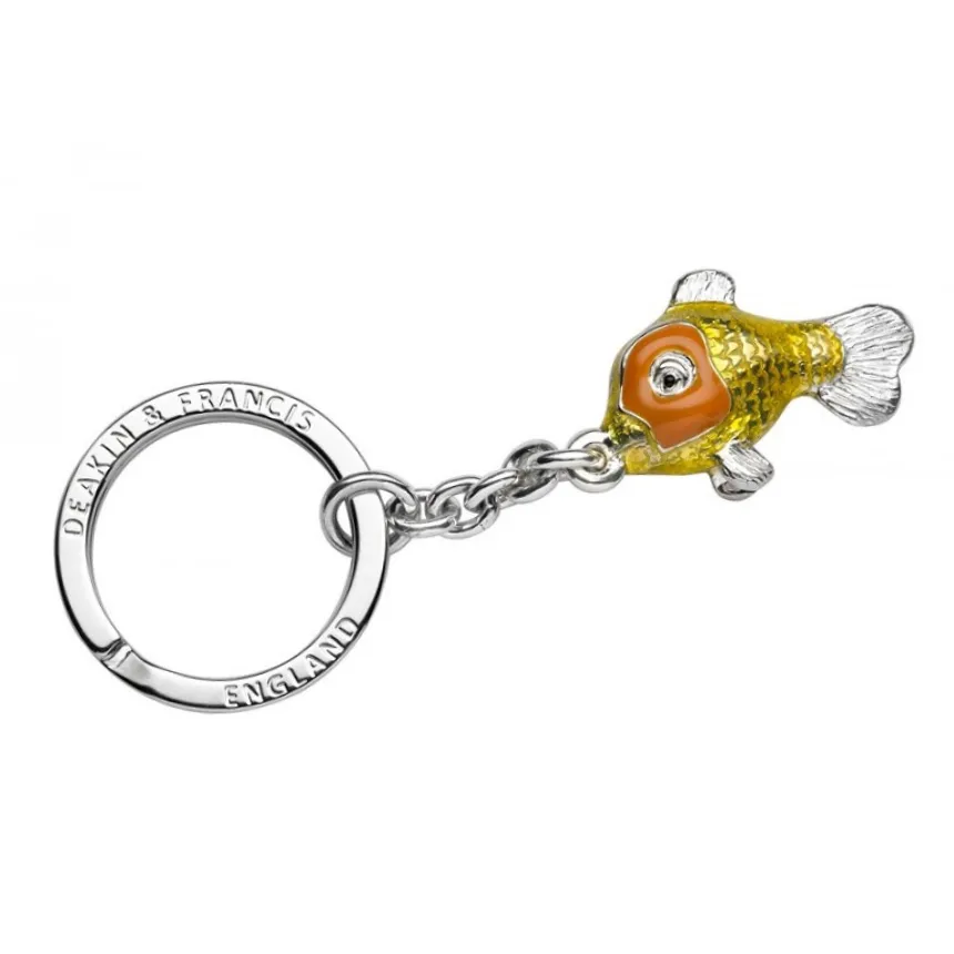 This sterling silver goldfish keyring is enamelled with gold and orange vitreous enamel for a stunning, vibrant look.