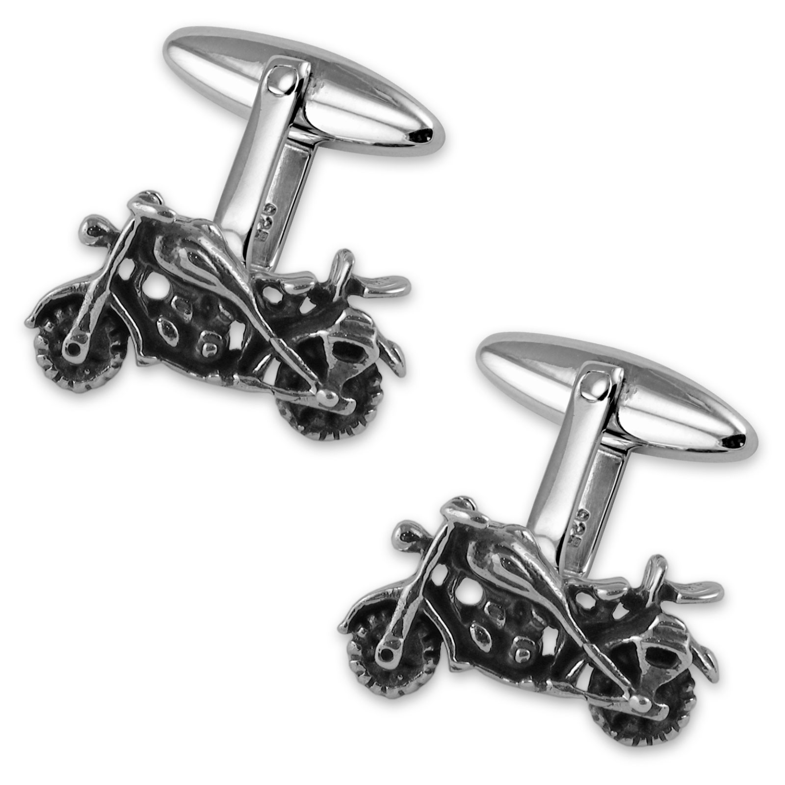 A Pair of handmade sterling silver cufflinks shaped like detailed motorbikes, inspired by the Harley-Davidson Fat Boy, with T-bar backs.