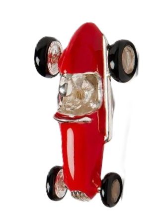 Close-up of 1950s-style red racing car cufflinks in sterling silver, featuring black enamel tyres and polished detailing.
