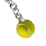 Close-up picture of a Hallmarked silver enamel tennis ball keychain fob.