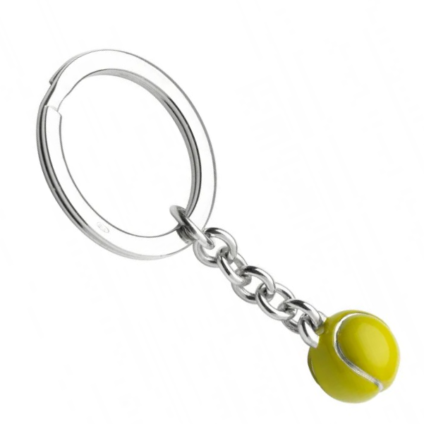 Hallmarked sterling silver tennis ball keyring with bright yellow vitreous enamel made in Birmingham by Deakin & Frances.