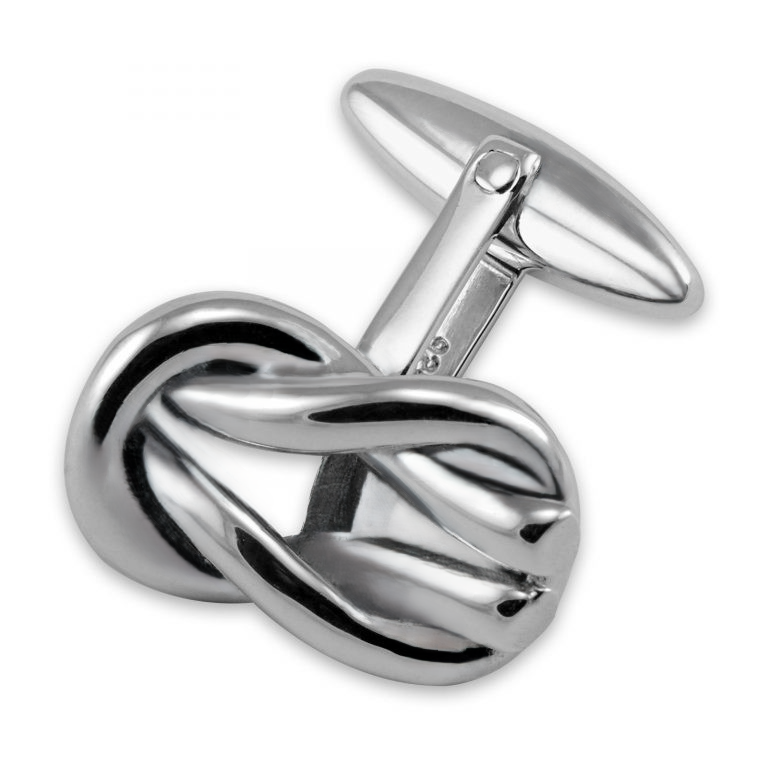 Close-up image of Sterling Silver Love Knot Cufflinks featuring an elegant reef knot design, set against a white background.