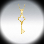 A clover-shaped 9ct gold pendant under a soft spotlight, revealing the shimmering multicolour tones of the mother of pearl centrepiece.