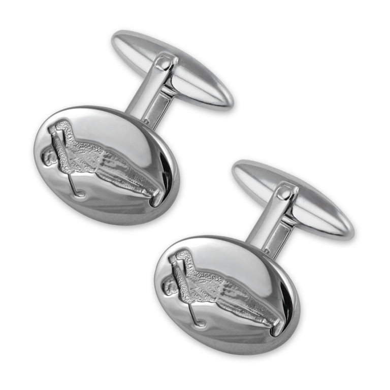 Sterling silver golfer cufflinks with engraved detail and polished oval design, photographed against a neutral backdrop for clarity and elegance.