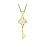 The pendant displayed flat on white backdrop, emphasizing the clean lines, clover shape, and soft glow of the mother of pearl stone.