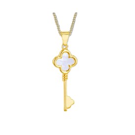 The pendant displayed flat on white backdrop, emphasizing the clean lines, clover shape, and soft glow of the mother of pearl stone.