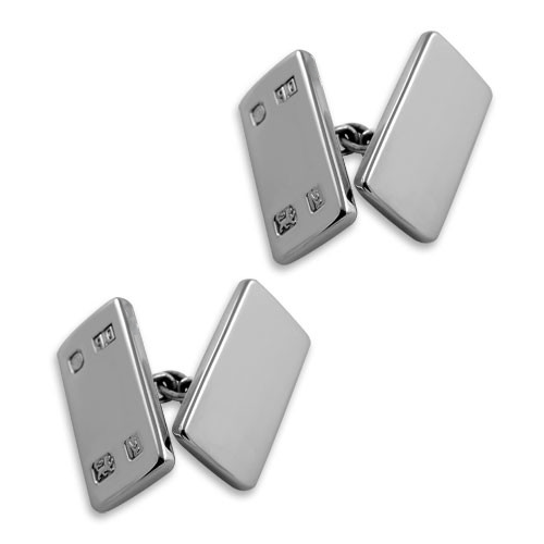 Sterling silver cufflinks with traditional chain link design, photographed on white to highlight the rectangular ingot shape and craftsmanship.
