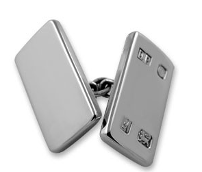 Close-up of one Silver Feature Hallmark Ingot Chain Cufflink on white background, focusing on the hallmark.