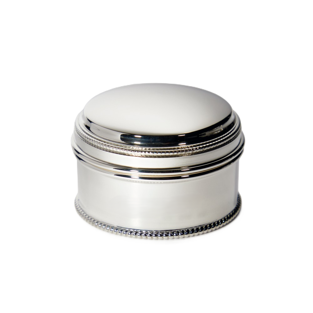 Sterling Silver Beaded Pill Box positioned on a white background, showcasing the smooth reverse side with delicate beaded edge and seamless craftsmanship.