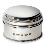 Sterling Silver Beaded Pill Box displayed on a white background, featuring a close-up of the hallmark stamp for authenticity and craftsmanship verification.