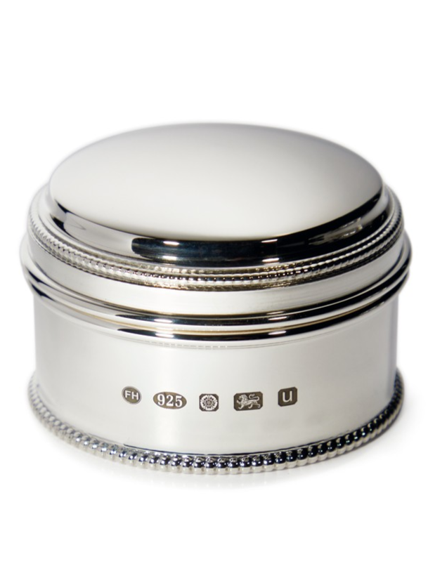 Sterling Silver Beaded Pill Box displayed on a white background, featuring a close-up of the hallmark stamp for authenticity and craftsmanship verification.