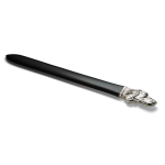 “British-made sterling silver dog-themed paper knife displayed flat on a white background, showcasing the hallmarked silver dog’s head and black acrylic blade.”