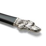 “Close-up of the Sterling Silver Dog Head Letter Opener, revealing detailed features of the sculpted dog’s head and reflective silver finish.”