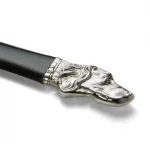 “Close-up of the Sterling Silver Dog Head Letter Opener, revealing detailed features of the sculpted dog’s head and reflective silver finish.”