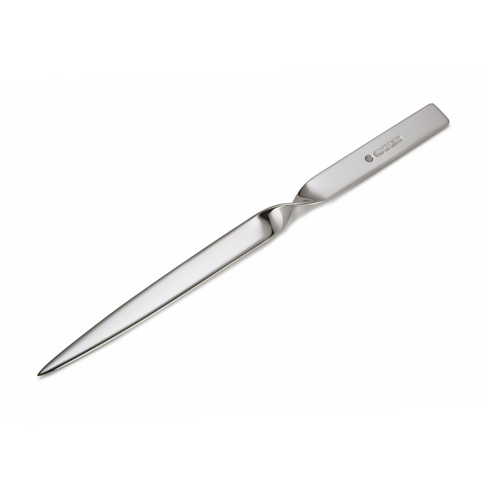 Sterling Silver Letter Opener photographed on white background, featuring a single elegant twist at the handle’s base with hallmark visible.
