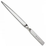 Close-up of hallmarked sterling silver paper knife on white surface, showing twisted handle with hallmark on one side and plain reverse.