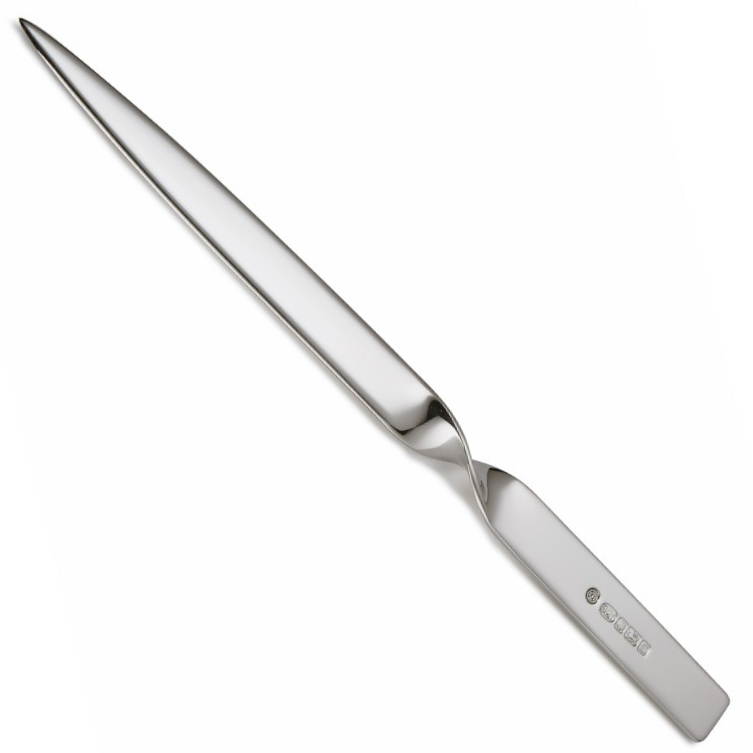 Close-up of hallmarked sterling silver paper knife on white surface, showing twisted handle with hallmark on one side and plain reverse.