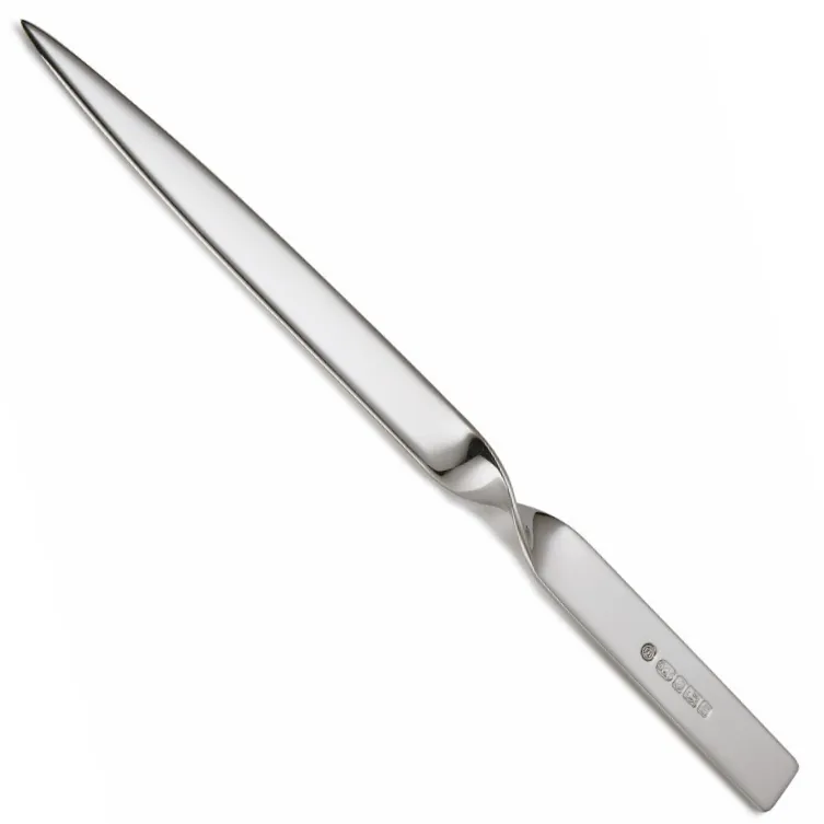 Close-up of hallmarked sterling silver paper knife on white surface, showing twisted handle with hallmark on one side and plain reverse.