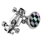 Facing Left Sterling Silver Racing Car & Flag Cufflinks on white background, facing left, with oval-shaped black onyx and mother-of-pearl flag details, plus chain links and F1-inspired styling.