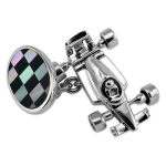 Facing Right Sterling Silver Racing Car & Flag Cufflinks on white background, facing right, showcasing oval flag accents in black onyx and mother-of-pearl, classic chain links, and Grand Prix design cues.