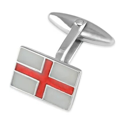 Sterling Silver St. George Flag Cufflink with red and white enamel, face turned left on white background.