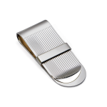 "Clipsham sterling silver money clip on white background showing hallmarked detail and engraving-ready polished strip above striped pattern."