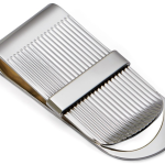 "Close-up of the Sterling Silver Stripe Money Clip showing engraved stripe pattern and horizontal polished band ideal for custom initials."
