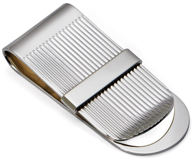 "Close-up of the Sterling Silver Stripe Money Clip showing engraved stripe pattern and horizontal polished band ideal for custom initials."