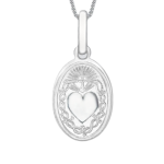 Detailed close-up of Sacred Heart pendant revealing satin-polished surface, delicate edges, and bail attachment in 9ct white gold.