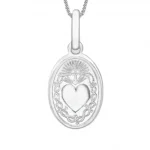 Detailed close-up of Sacred Heart pendant revealing satin-polished surface, delicate edges, and bail attachment in 9ct white gold.