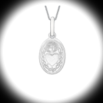 9ct White Gold Oval Sacred Heart Necklace photographed on a white background with black ring spotlight effect, emphasizing elegance and detail.