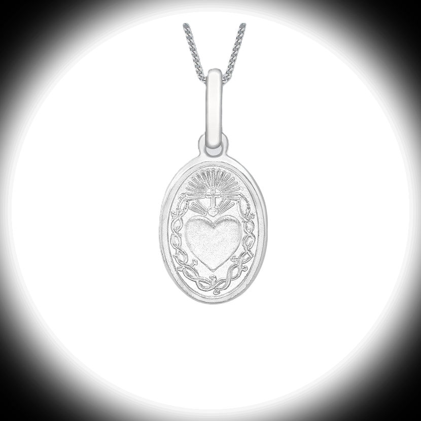 9ct White Gold Oval Sacred Heart Necklace photographed on a white background with black ring spotlight effect, emphasizing elegance and detail.