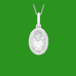 9ct White Gold Oval Sacred Heart Necklace displayed against a green background, highlighting polished satin finish and religious design.