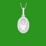 9ct White Gold Oval Sacred Heart Necklace displayed against a green background, highlighting polished satin finish and religious design.