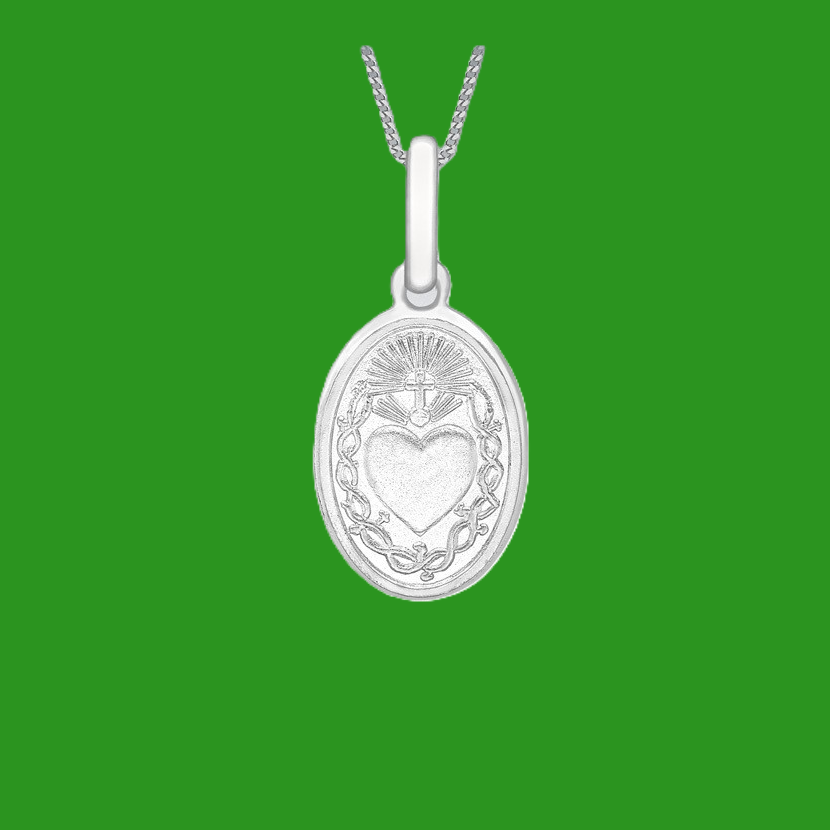 9ct White Gold Oval Sacred Heart Necklace displayed against a green background, highlighting polished satin finish and religious design.