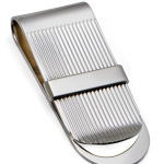 "Close-up of the Sterling Silver Stripe Money Clip showing engraved stripe pattern and horizontal polished band ideal for custom initials."